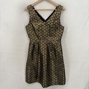 J.Crew Dress Womens 6 Black Gold Polka Dot Jacquard Fit & Flare Party Cocktail